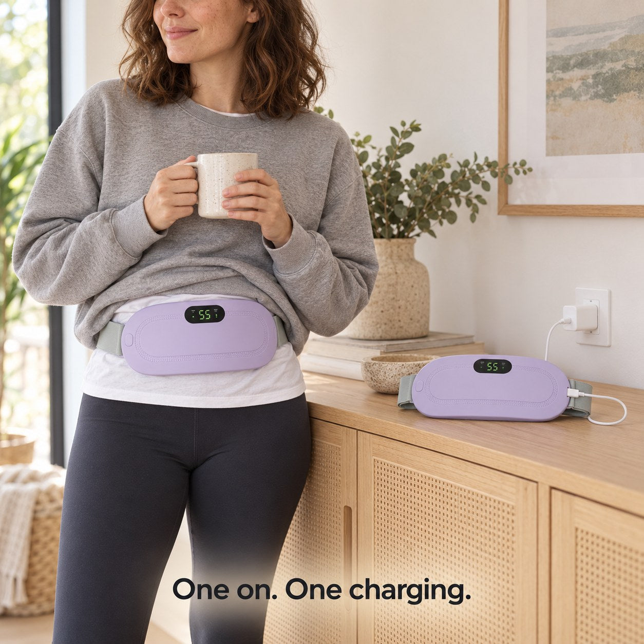 One heat belt worn at the waist while a second belt charges by USB-C