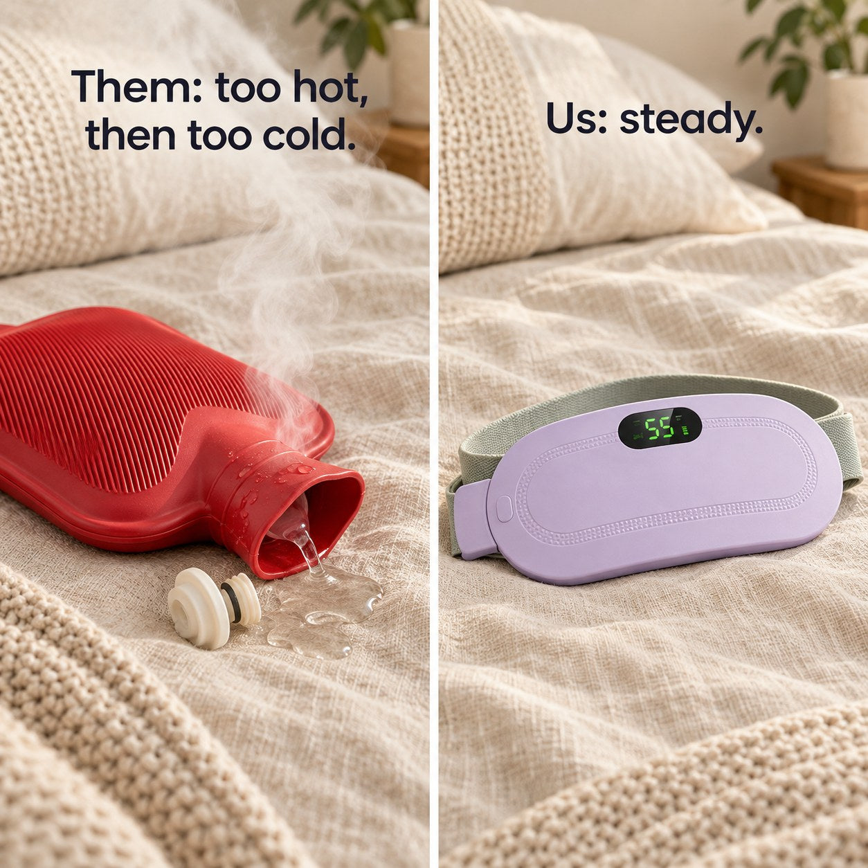 A leaking hot water bottle next to the tidy lavender heat belt
