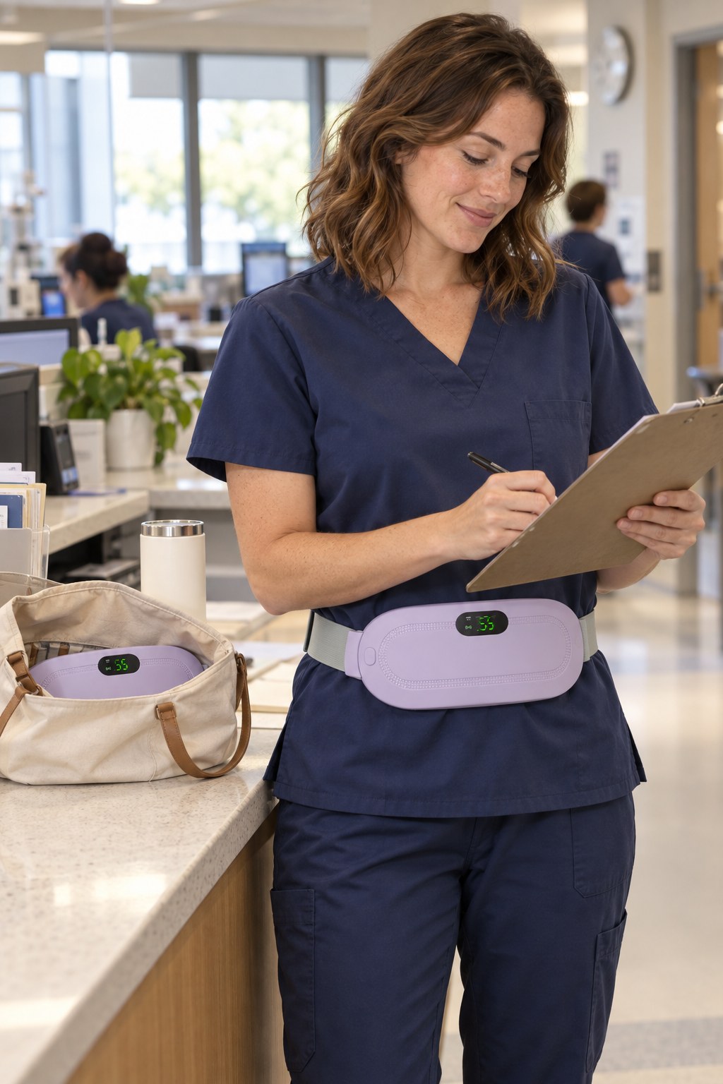 Nurse at a nurses' station wearing the heat belt, a spare belt in her bag