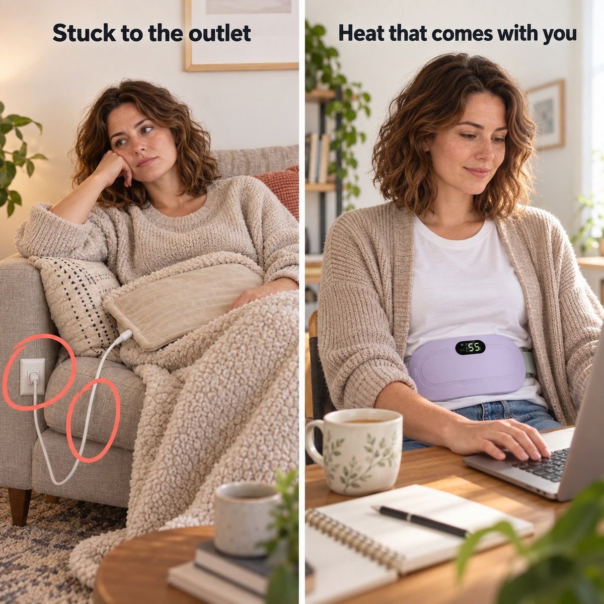 Left: a corded heating pad stuck to a wall outlet on the couch. Right: the same woman at her desk wearing the cordless belt