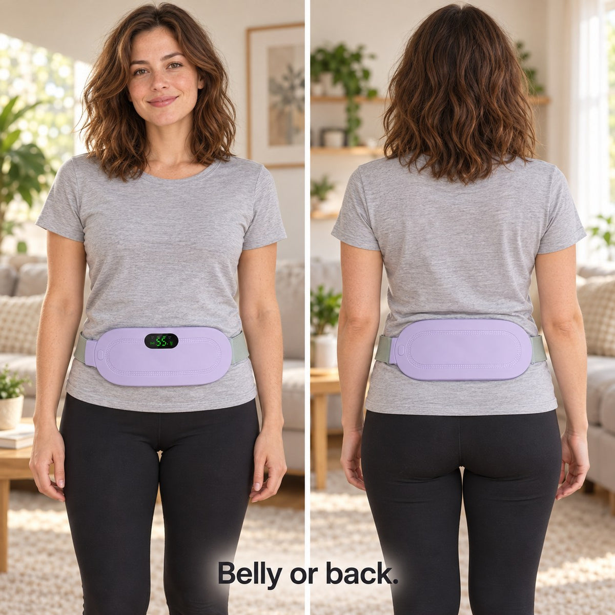 The heat belt worn on the lower belly and, turned around, on the lower back