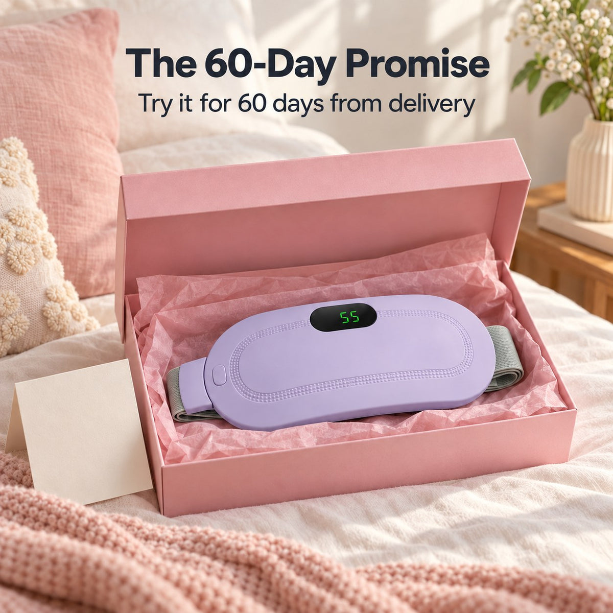 The heat belt in its pink gift box on a bed