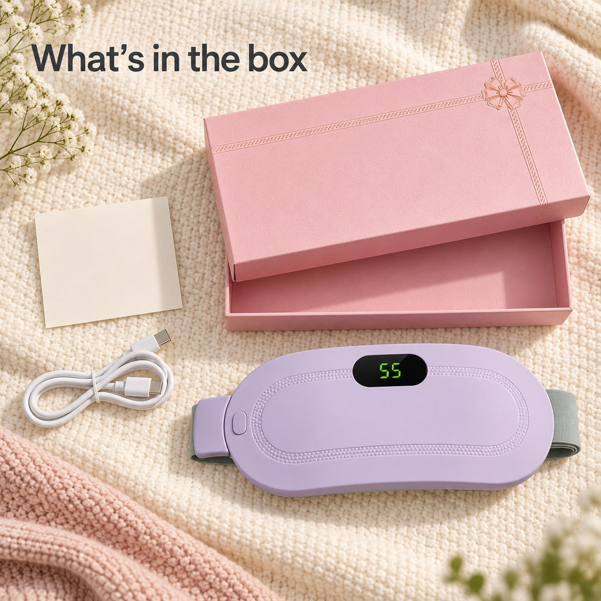 What's in the box: heat belt, USB-C cable, thank-you card and pink gift box
