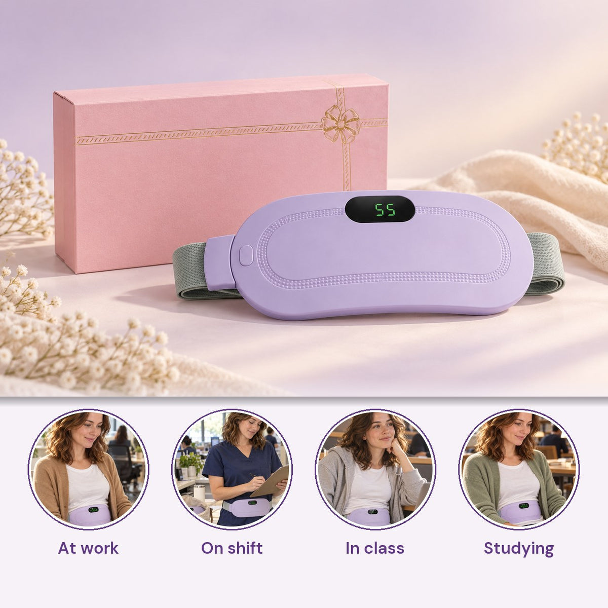 The lavender Snugday heat belt in front of its pink gift box, with four photos below: at work, on shift, in class and studying