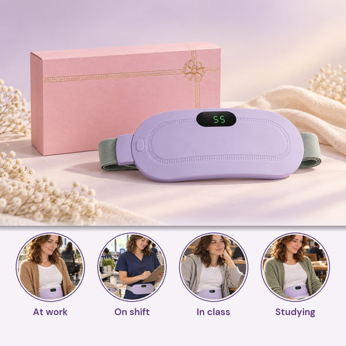The lavender Snugday heat belt in front of its pink gift box, with four photos below: at work, on shift, in class and studying