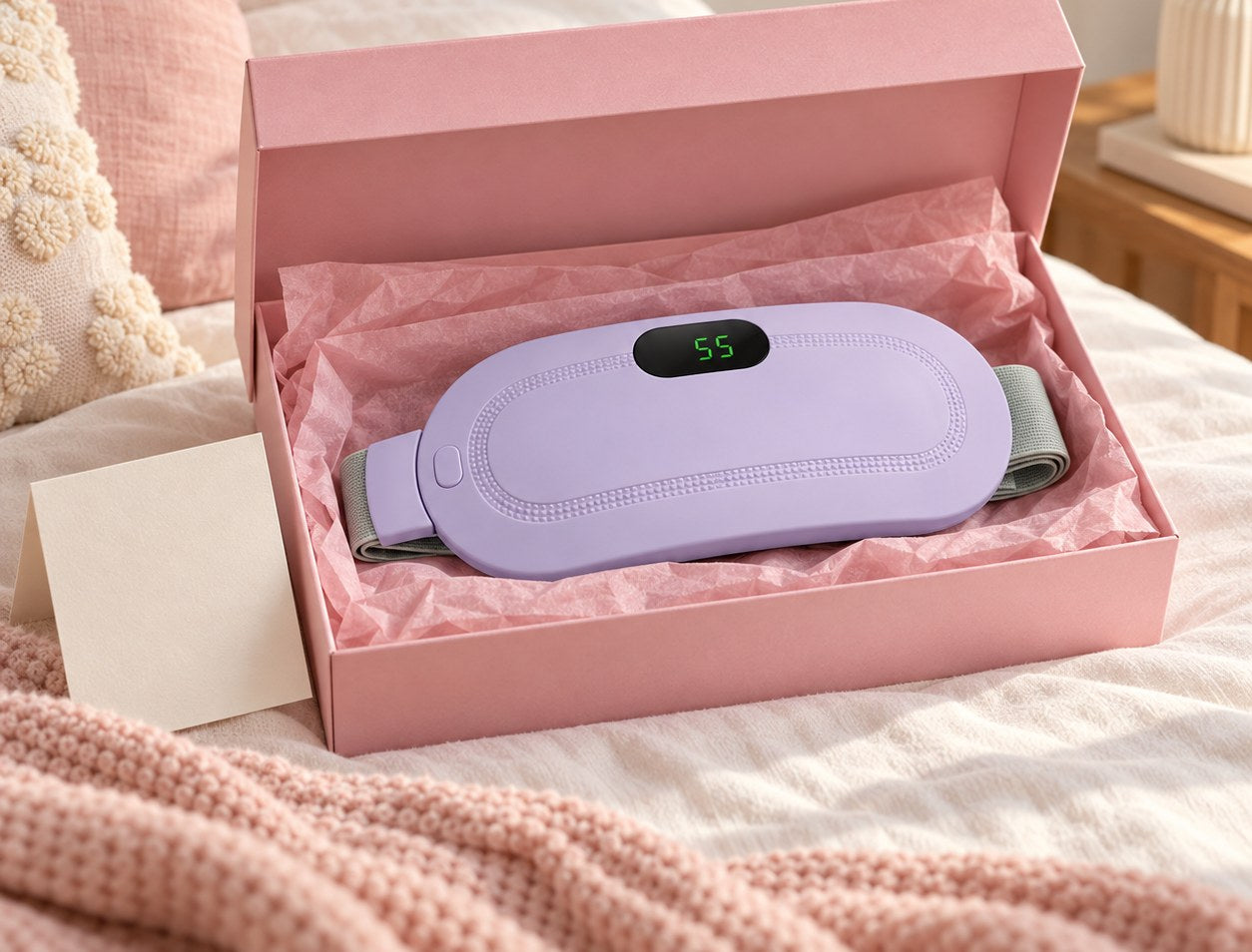 The heat belt in its pink gift box on a bed